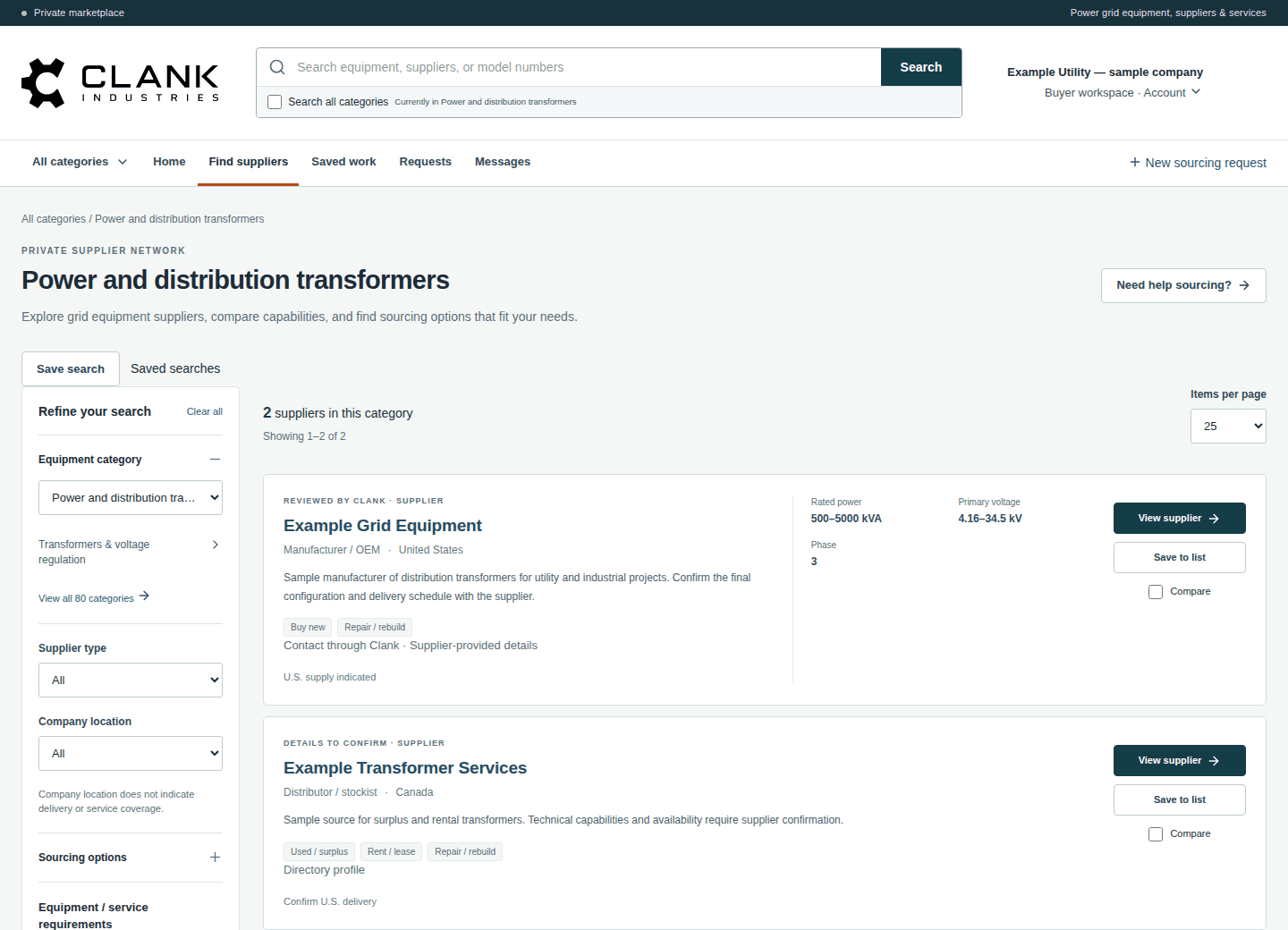 Buyer workspace showing transformer supplier results, specification filters and contact options.