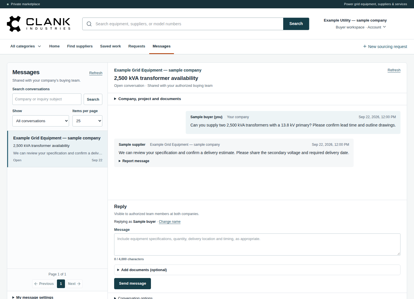 Buyer inbox with a transformer inquiry, the supplier’s response and a reply composer.
