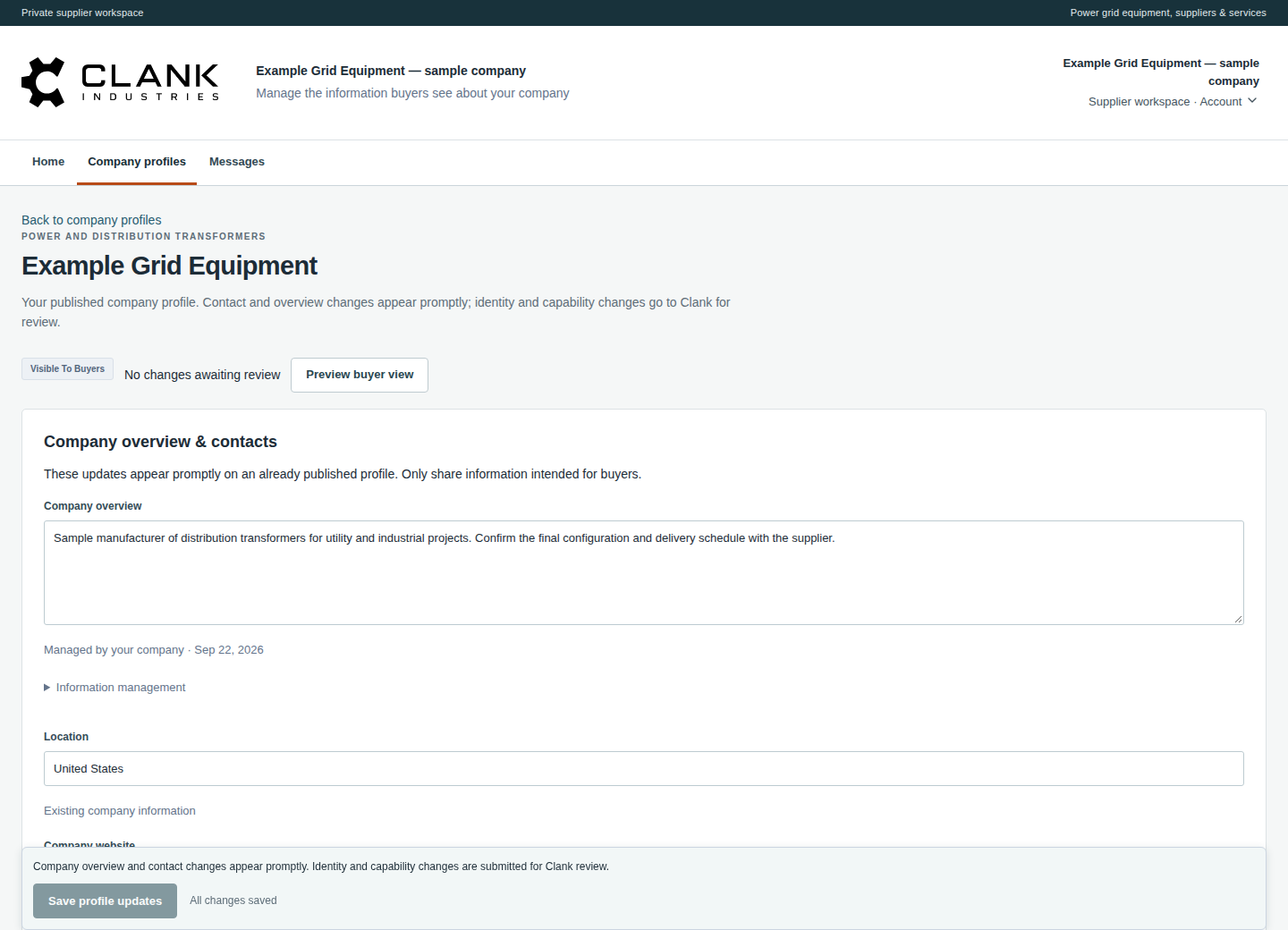 Supplier profile editor with its publication status, buyer-preview link and company overview fields.