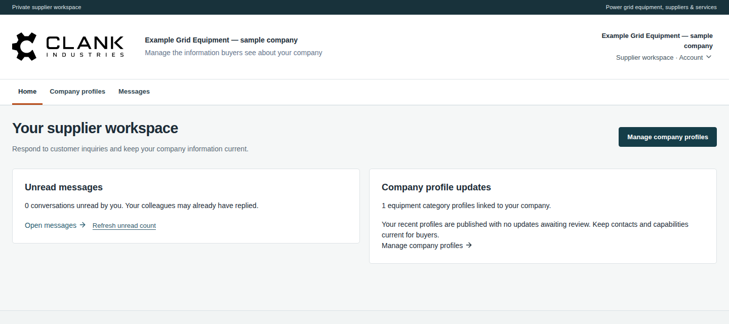 Supplier home showing company profile status and unread conversation information.